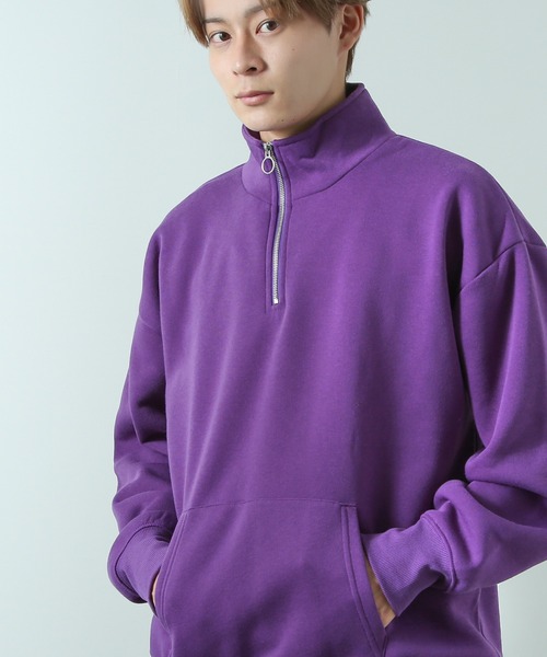 コットンタッチ 裏起毛スウェット 無地 ハーフジップトレーナー