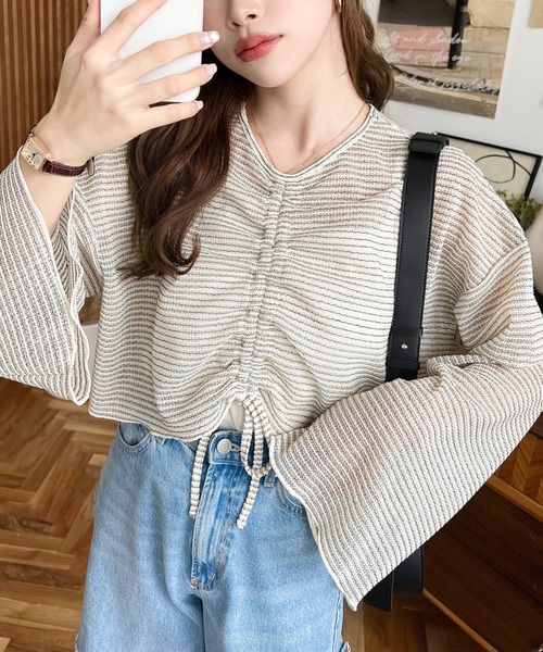 新品✨️CADUNE フロントシャーリング フレアスリーブ ブラウス ブルー 38 moment+（モーメントプラス）の「シアーボーダーフロントシャーリング