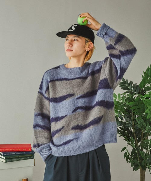 Adoon plain（アドーンプレーン）の「シャギー波紋ボーダーニット（ニット/セーター・メンズ・ブルー・MEDIUM/LARGE）」の2枚目の写真