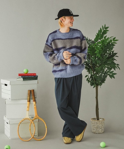 Adoon plain（アドーンプレーン）の「シャギー波紋ボーダーニット（ニット/セーター・メンズ・ブルー・MEDIUM/LARGE）」の5枚目の写真