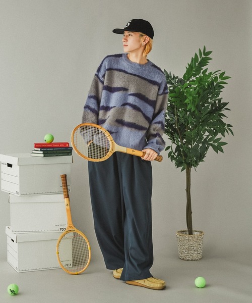 Adoon plain（アドーンプレーン）の「シャギー波紋ボーダーニット（ニット/セーター・メンズ・ブルー・MEDIUM/LARGE）」の4枚目の写真