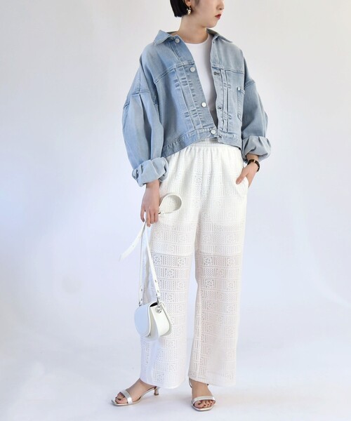 quaranciel(カランシエル)の「quaranciel:〈手洗い可能〉ジオメトリック レース サイドライン パンツ(その他パンツ・レディース・オフホワイト/ブラック・ONE SIZE)」の3枚目の写真