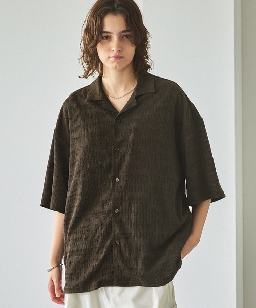 YENN ジャガードシャツ リネンライクジャガード オープンカラーシャツ S/S（シャツ