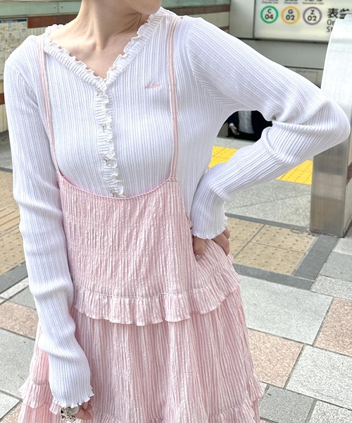 Alley by w closet(アリーバイダブルクローゼット)の「【Alley】ロゴ刺しゅうリブカーディガン(カーディガン/ボレロ・レディース・ブラック/オフホワイト/イエロー/ピンク・FREE)」の2枚目の写真