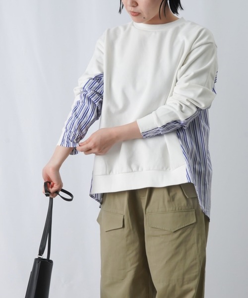 LUCA/LADY LUCK LUCA（ルカ/レディラックルカ）の「LC/LLL ストライプドッキングカットソー / 布帛切り替えカットソー（Tシャツ/カットソー・レディース・ブラック/ブルー/オフホワイト・FREE）」の4枚目の写真