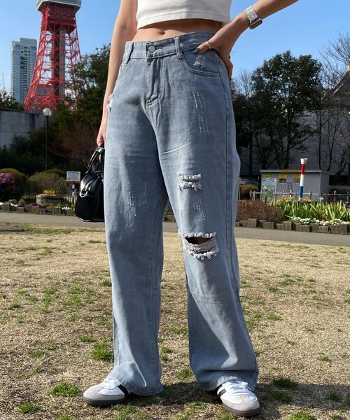 WEGO（ウィゴー）の「WEGO/ダメージレギュラーデニム（デニムパンツ・レディース・ライトインディゴブルー・MEDIUM/SMALL）」の4枚目の写真