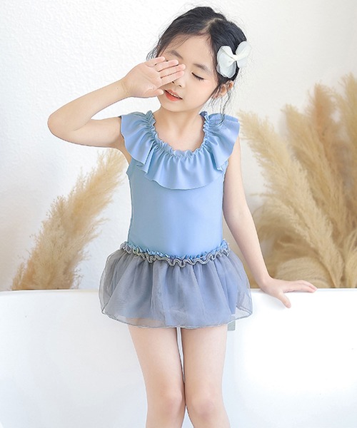 OSYAREVO（オシャレボ）の「キッズ ギャザーフリル バックシャン ワンピース水着（水着・キッズ・ピンク/ブルー・90/100/110/120/130/140）」の7枚目の写真