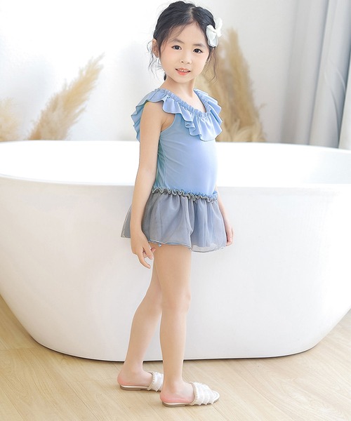 OSYAREVO（オシャレボ）の「キッズ ギャザーフリル バックシャン ワンピース水着（水着・キッズ・ピンク/ブルー・90/100/110/120/130/140）」の9枚目の写真