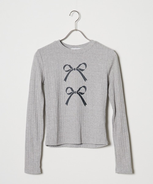 Chick(チック)の「▲Ribbon Ribbed Knit / リボンリブニットトップス(ニット/セーター・レディース・ブラック/ベージュ/グレー・FREE)」の1枚目の写真
