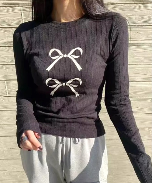 Chick(チック)の「▲Ribbon Ribbed Knit / リボンリブニットトップス(ニット/セーター・レディース・ブラック/ベージュ/グレー・FREE)」の2枚目の写真