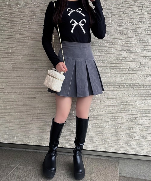 Chick(チック)の「▲Ribbon Ribbed Knit / リボンリブニットトップス(ニット/セーター・レディース・ブラック/ベージュ/グレー・FREE)」の9枚目の写真