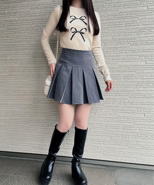 Chick(チック)の「▲Ribbon Ribbed Knit / リボンリブニットトップス(ニット/セーター・レディース・ブラック/ベージュ/グレー・FREE)」の10枚目の写真