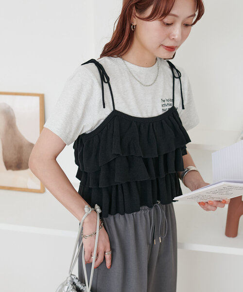 DISCOAT（ディスコート）の「【新色追加/WEB限定】フリルニットビスチェ（キャミソール・レディース・オレンジ/カーキ/ブラック/ブラウン/アイボリー・FREE）」の7枚目の写真