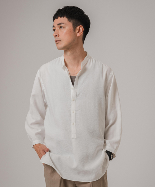 EDIFICE（エディフィス）の「"WEB限定" リバウンド ドビー 8分袖 バンドカラープルオーバーシャツ（シャツ/ブラウス・メンズ・ネイビー/ベージュ系その他/ホワイト・LARGE/MEDIUM）」の8枚目の写真