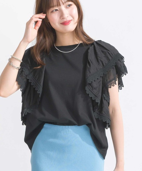 PICCIN（ピッチン）の「【WEB限定】ブロードレースラッフルスリーブプルオーバー（Tシャツ/カットソー・レディース・オフホワイト/ブラック・M/L）」の9枚目の写真