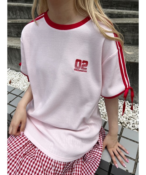 WC(ダブル シー)の「2ラインリボンワッフルTシャツ(Tシャツ/カットソー・レディース・アイボリー/サックスブルー/ピンク・FREE)」の3枚目の写真
