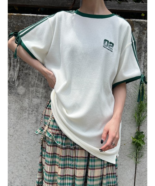 WC(ダブル シー)の「2ラインリボンワッフルTシャツ(Tシャツ/カットソー・レディース・アイボリー/サックスブルー/ピンク・FREE)」の6枚目の写真