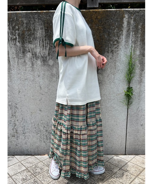 WC(ダブル シー)の「2ラインリボンワッフルTシャツ(Tシャツ/カットソー・レディース・アイボリー/サックスブルー/ピンク・FREE)」の7枚目の写真