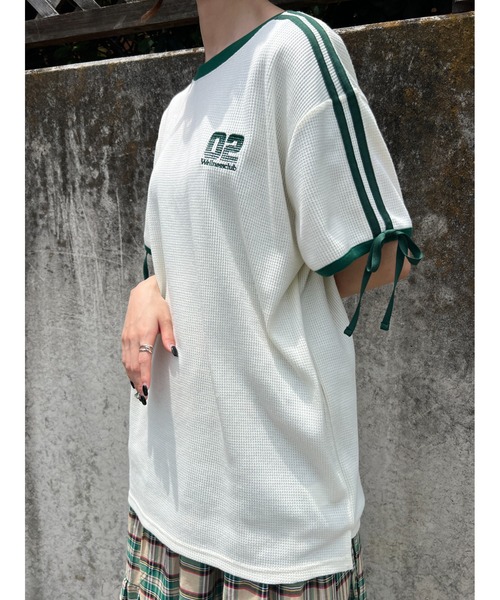 WC(ダブル シー)の「2ラインリボンワッフルTシャツ(Tシャツ/カットソー・レディース・アイボリー/サックスブルー/ピンク・FREE)」の8枚目の写真