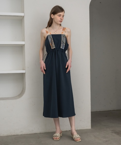 新作⌘デニム ワンピース 肩魅せ 韓国 上品 flower shoulder drawstring onepiece/肩紐オーガンジー