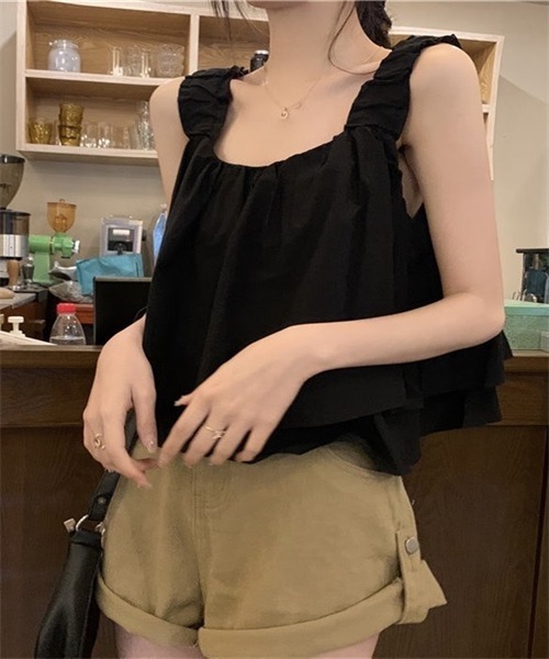 FREE STYLISTS(フリー スタイリスト)の「ノースリーブ ショート丈ショルダーギャザーキャミソール(キャミソール・レディース・ベージュ/ブラック/カーキ・XL/L/M/S)」の8枚目の写真