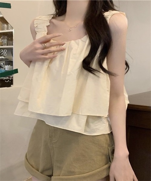 FREE STYLISTS(フリー スタイリスト)の「ノースリーブ ショート丈ショルダーギャザーキャミソール(キャミソール・レディース・ベージュ/ブラック/カーキ・XL/L/M/S)」の12枚目の写真