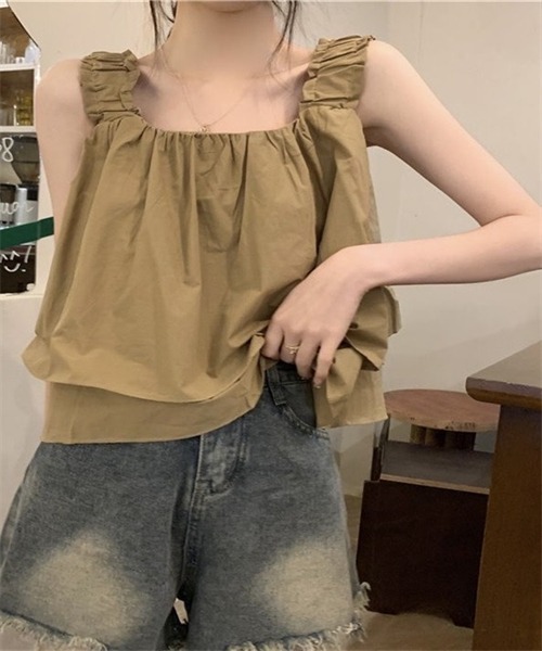 FREE STYLISTS(フリー スタイリスト)の「ノースリーブ ショート丈ショルダーギャザーキャミソール(キャミソール・レディース・ベージュ/ブラック/カーキ・XL/L/M/S)」の13枚目の写真