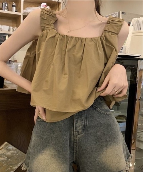 FREE STYLISTS(フリー スタイリスト)の「ノースリーブ ショート丈ショルダーギャザーキャミソール(キャミソール・レディース・ベージュ/ブラック/カーキ・XL/L/M/S)」の14枚目の写真