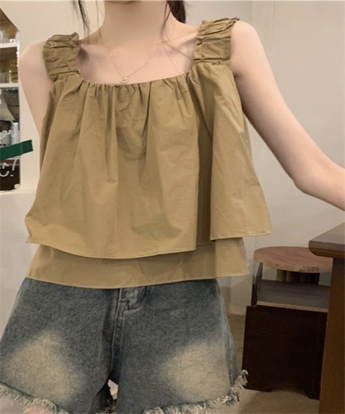 FREE STYLISTS(フリー スタイリスト)の「ノースリーブ ショート丈ショルダーギャザーキャミソール(キャミソール・レディース・ベージュ/ブラック/カーキ・XL/L/M/S)」の16枚目の写真