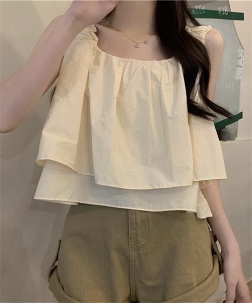 FREE STYLISTS(フリー スタイリスト)の「ノースリーブ ショート丈ショルダーギャザーキャミソール(キャミソール・レディース・ベージュ/ブラック/カーキ・XL/L/M/S)」の10枚目の写真