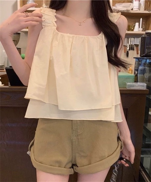 FREE STYLISTS(フリー スタイリスト)の「ノースリーブ ショート丈ショルダーギャザーキャミソール(キャミソール・レディース・ベージュ/ブラック/カーキ・XL/L/M/S)」の9枚目の写真