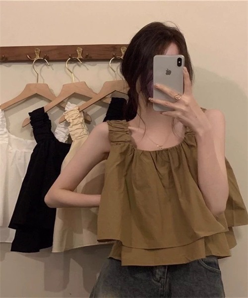 FREE STYLISTS(フリー スタイリスト)の「ノースリーブ ショート丈ショルダーギャザーキャミソール(キャミソール・レディース・ベージュ/ブラック/カーキ・XL/L/M/S)」の18枚目の写真