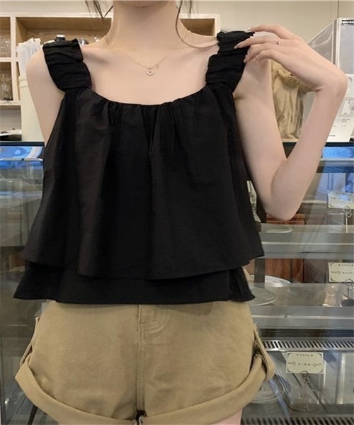 FREE STYLISTS(フリー スタイリスト)の「ノースリーブ ショート丈ショルダーギャザーキャミソール(キャミソール・レディース・ベージュ/ブラック/カーキ・XL/L/M/S)」の5枚目の写真