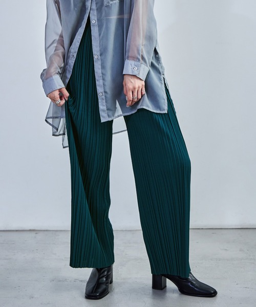 Fashion Letter（ファッションレター）の「ストレートセミワイドプリーツパンツ ウエストゴム 秋 冬（その他パンツ・レディース・ブラウン/グリーン/チャコール/グレイッシュベージュ/カーキ/ブラック・M/L）」の6枚目の写真