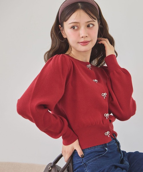 one after another NICE CLAUP（ワンアフターアナザーナイスクラップ）の「リボンボタンカーディガン（カーディガン/ボレロ・レディース・ブラウン/レッド/アイボリー/ブラック/杢グレー・FREE）」の5枚目の写真