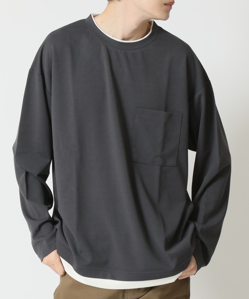 ARCADE（アーケード）の「身にまとうUVケア！梨地素材 重ね着風 フェイクレイヤード オーバーサイズ長袖カットソー/胸ポケ付き（Tシャツ/カットソー・メンズ・ホワイト/ブラック/グリーン/チャコール・LL/M/L）」の3枚目の写真