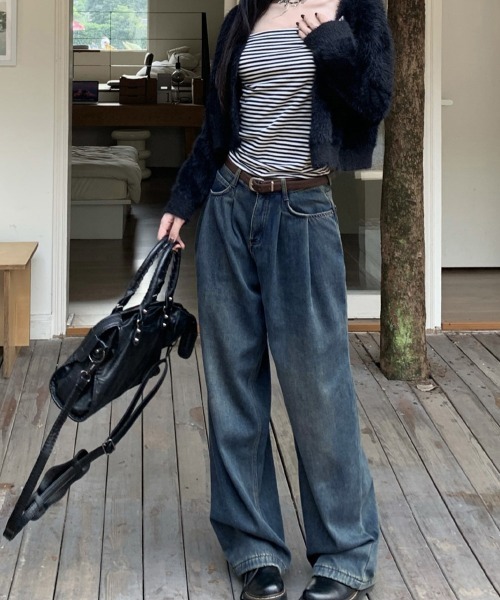Miniministore（ミニミニストア）の「タックワイドデニムパンツレディース韓国風（デニムパンツ・レディース・ブラック/インディゴブルー/オフホワイト/サックスブルー/ダークベージュ・M/S/L）」の12枚目の写真