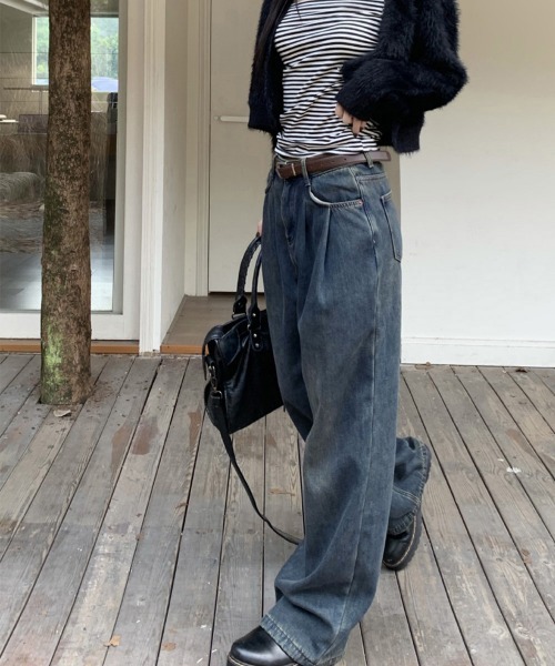 Miniministore（ミニミニストア）の「タックワイドデニムパンツレディース韓国風（デニムパンツ・レディース・ブラック/インディゴブルー/オフホワイト/サックスブルー/ダークベージュ・M/S/L）」の14枚目の写真