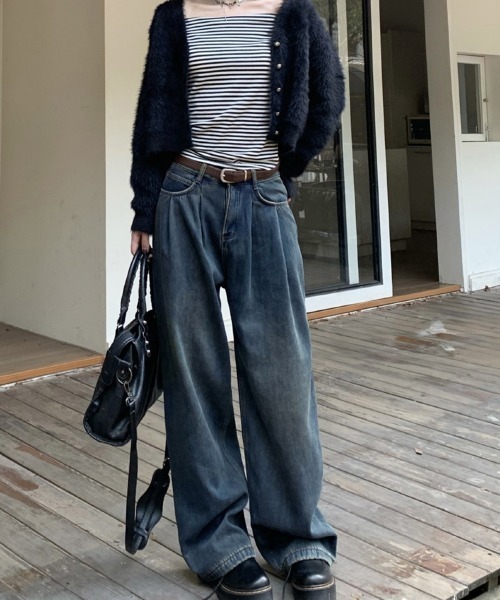 Miniministore（ミニミニストア）の「タックワイドデニムパンツレディース韓国風（デニムパンツ・レディース・ブラック/インディゴブルー/オフホワイト/サックスブルー/ダークベージュ・M/S/L）」の15枚目の写真