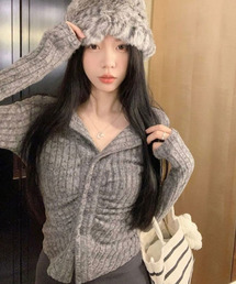 VIVID LADY | リブカーディガン シャーリングデザイン リブトップス リブニット(カーディガン/ボレロ)