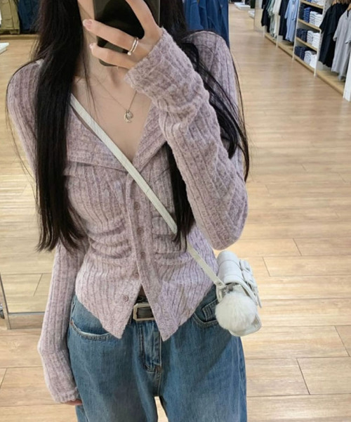 VIVID LADY（ビビッドレディー）の「リブカーディガン シャーリングデザイン リブトップス リブニット（カーディガン/ボレロ・レディース・ピンク/グレー/ライトベージュ・FREE）」の15枚目の写真