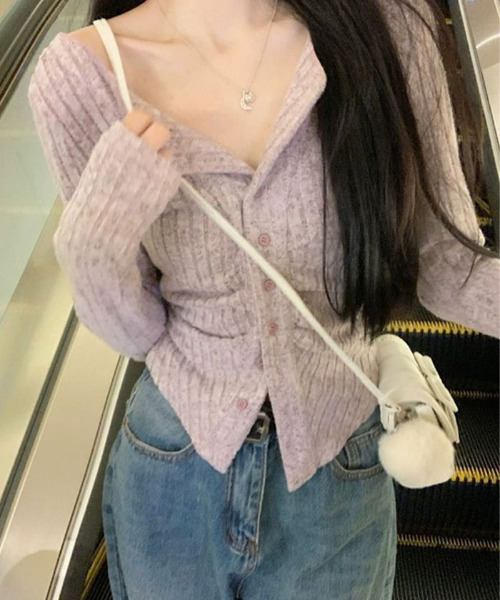 VIVID LADY（ビビッドレディー）の「リブカーディガン シャーリングデザイン リブトップス リブニット（カーディガン/ボレロ・レディース・ピンク/グレー/ライトベージュ・FREE）」の16枚目の写真