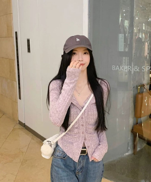 VIVID LADY（ビビッドレディー）の「リブカーディガン シャーリングデザイン リブトップス リブニット（カーディガン/ボレロ・レディース・ピンク/グレー/ライトベージュ・FREE）」の22枚目の写真