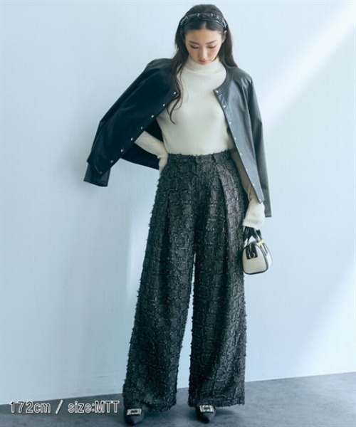 slattgir(スラットジール)の「高身長 フリンジチェッククロスタックワイドパンツ(トールサイズ)Essenave(その他パンツ・レディース・ブラック/チャコール・LL/L/M/3L)」の15枚目の写真