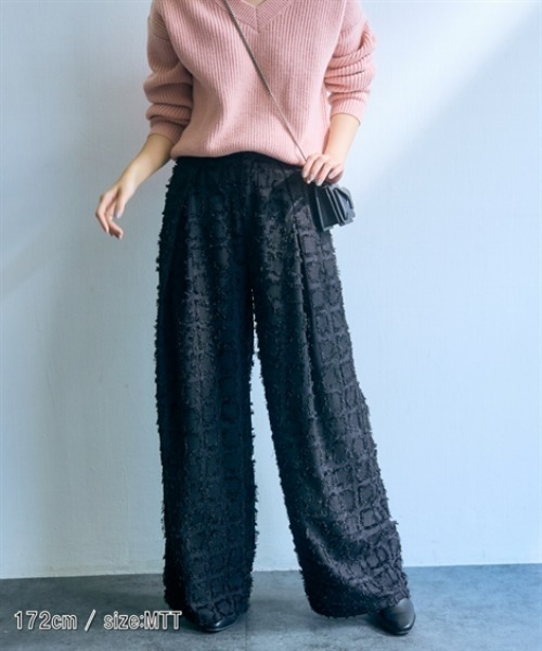 slattgir(スラットジール)の「高身長 フリンジチェッククロスタックワイドパンツ(トールサイズ)Essenave(その他パンツ・レディース・ブラック/チャコール・LL/L/M/3L)」の8枚目の写真