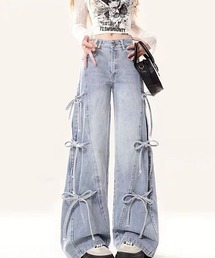 Y2K リボン デザイン ワイドデニムパンツ ハイウエスト ゆったり ストリート