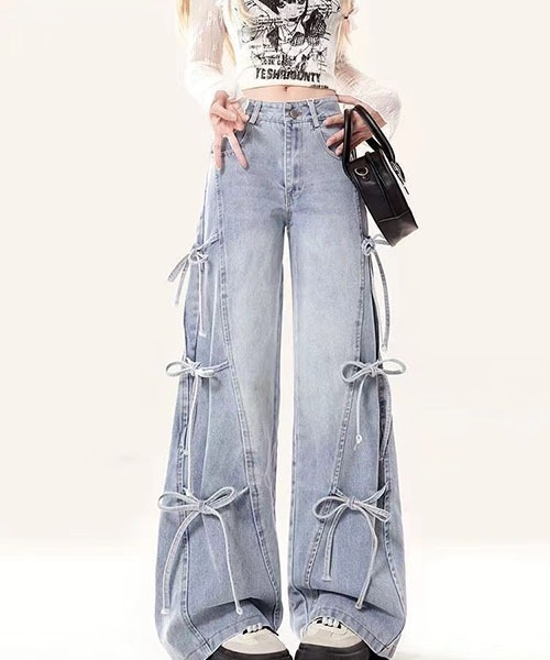 セール】Y2K リボン デザイン ワイドデニムパンツ ハイウエスト