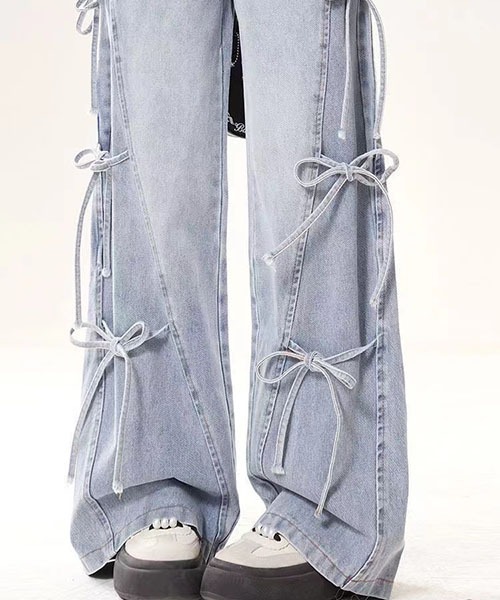 gossip!ロサンゼルス(ゴシップロサンゼルス)の「Y2K リボン デザイン ワイドデニムパンツ ハイウエスト ゆったり ストリート(デニムパンツ・レディース・ブルー・M/S/L/XL)」の3枚目の写真