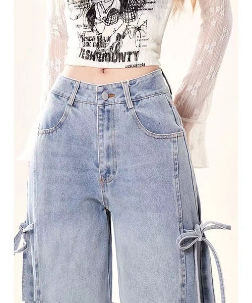 gossip!ロサンゼルス(ゴシップロサンゼルス)の「Y2K リボン デザイン ワイドデニムパンツ ハイウエスト ゆったり ストリート(デニムパンツ・レディース・ブルー・M/S/L/XL)」の4枚目の写真
