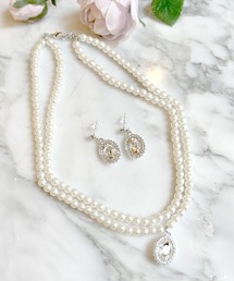 結婚式アクセサリー フロントビジュー 2連 パール ネックレス ピアス 2点セット